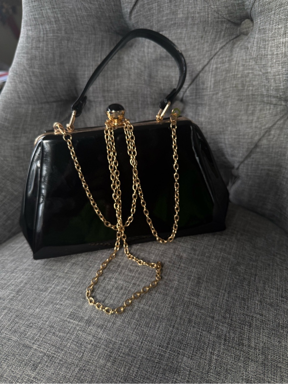 Black Patent Frame Handbag with Gold Chain
